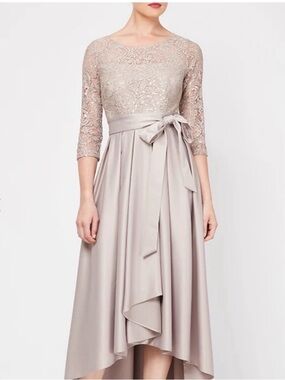 Alex Evenings Lace & Sequin Bodice High-Low Dress in Taupe with Satin Waist Tie